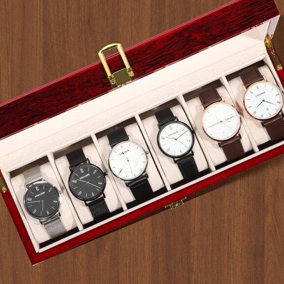 6 Slot Wooden Watch Display Case w/ Glass Lid & Removable Pillows - Vintage Brow - Picture 7 of 10